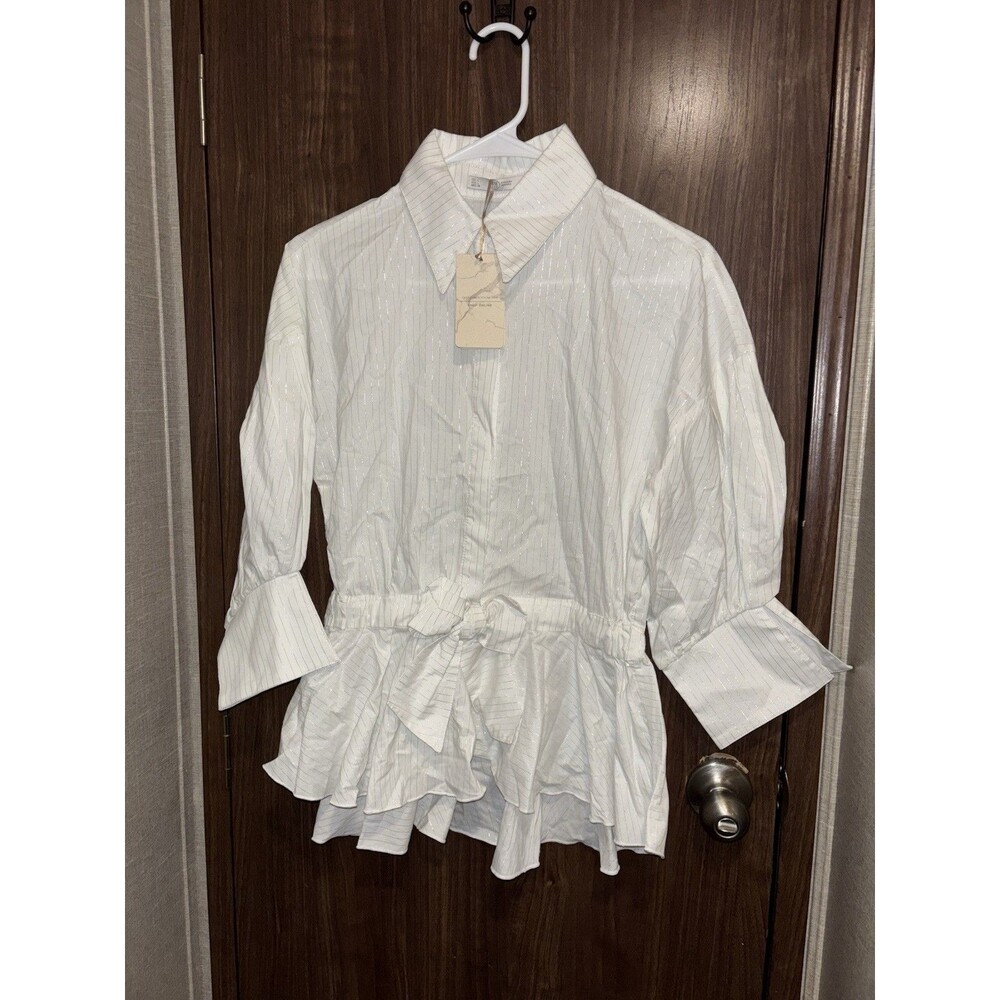Eyendira Herrera White Sparkle Pinstripe Ruffle Blouse Puff Sleeve Size L NWT